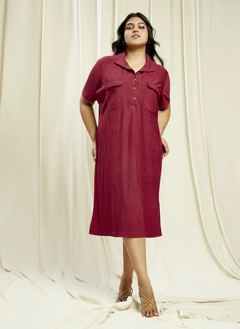 globus Globus Gloplus Women Maroon Shirt Collar Self Design Pocket Detail Side Slits Plus Size Midi Sheath Dress